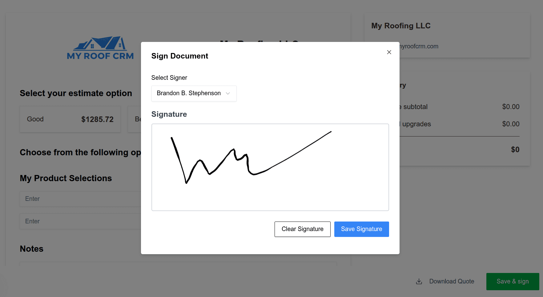 My Roof CRM customer signing workflow preview