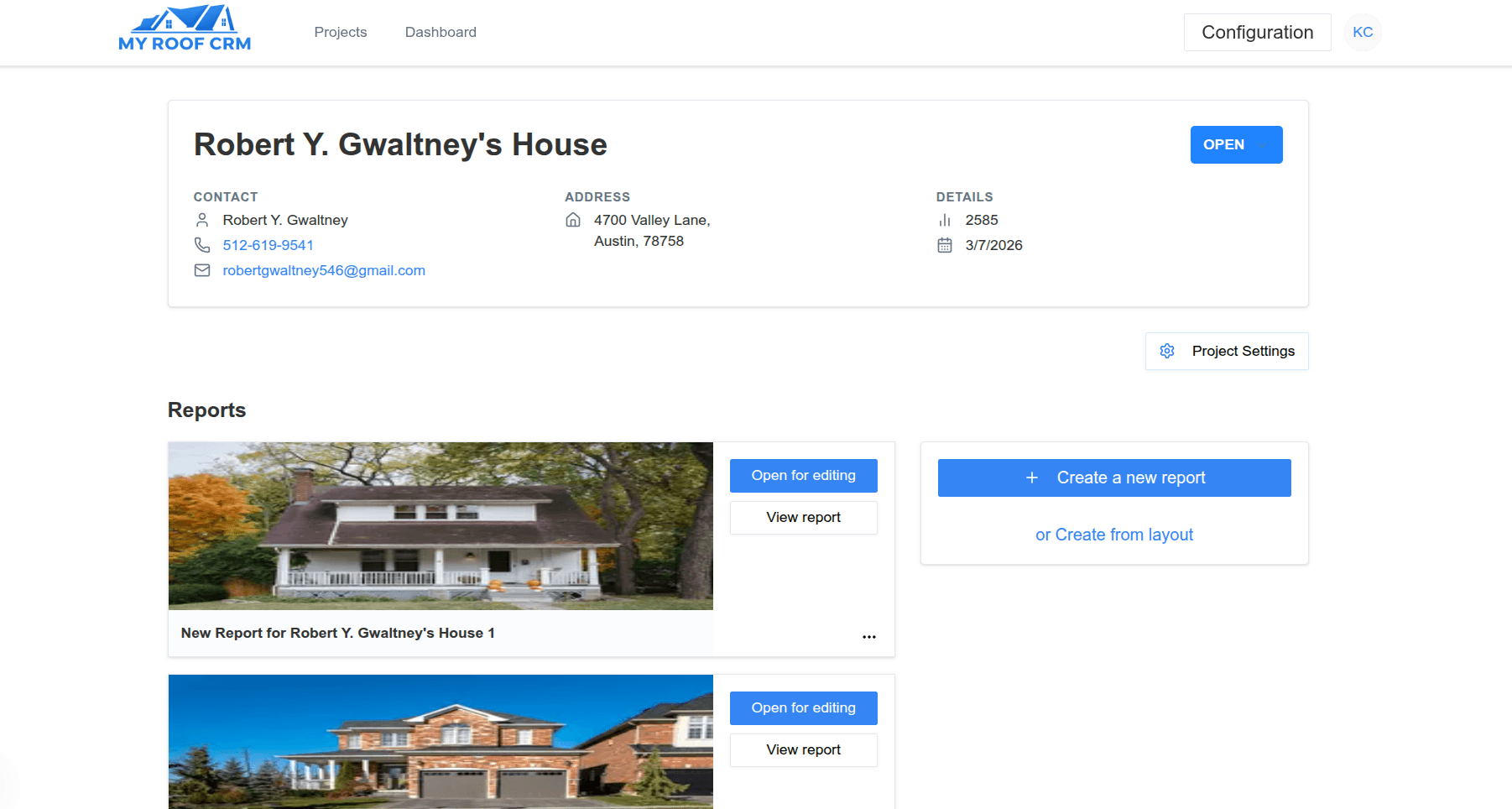My Roof CRM project workspace preview